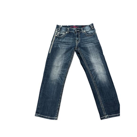 Rock and Roll Cowgirl Women's 25 Medium Wash Blue Boyfriend Crop Denim Jeans - Picture 3 of 13